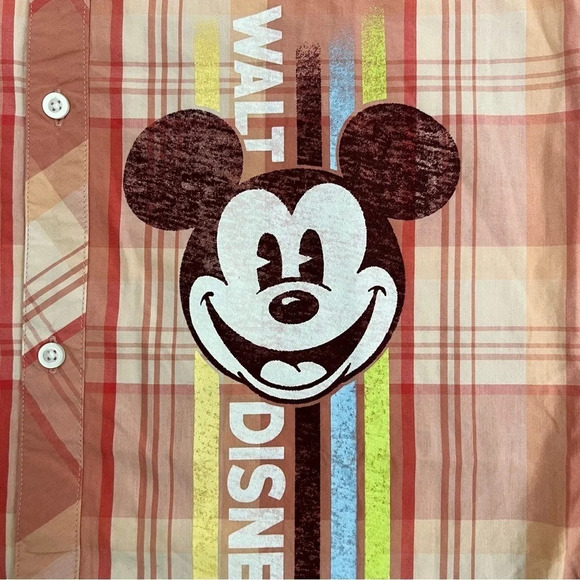 Disney Parks Plaid Button-Down Collared Mickey Mouse Shirt Men’s Size S Orange - Picture 6 of 6